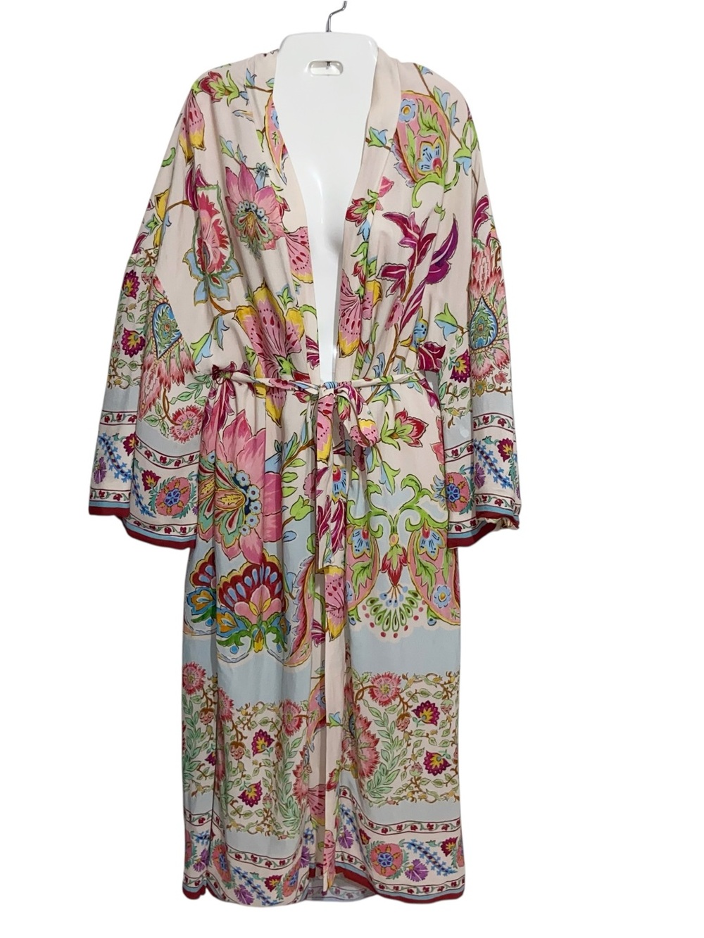 Zara Kimono Robe Womens Small Satin Floral Belted Pockets Boho Resortwear Pink